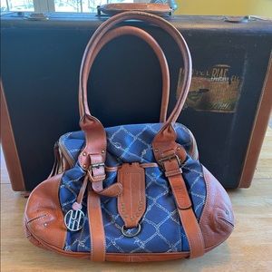 Hayden-Harnett Nautical leather & blue canvas bag/purse w/ sleeper bag EUC
